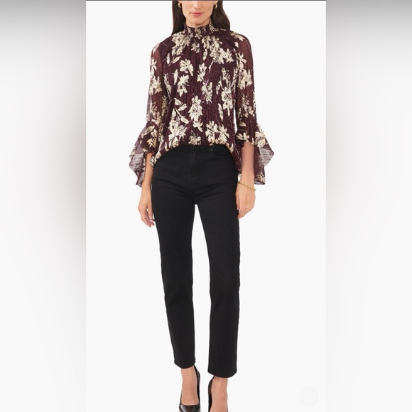 Vince Camuto Floral Bell Sleeve Mock Neck Blouse - Picture 3 of 4